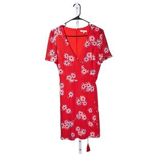 Madewell Women's Dress Red Floral V-Neck Tie Waist Short Sleeve Fit Flare Size 2